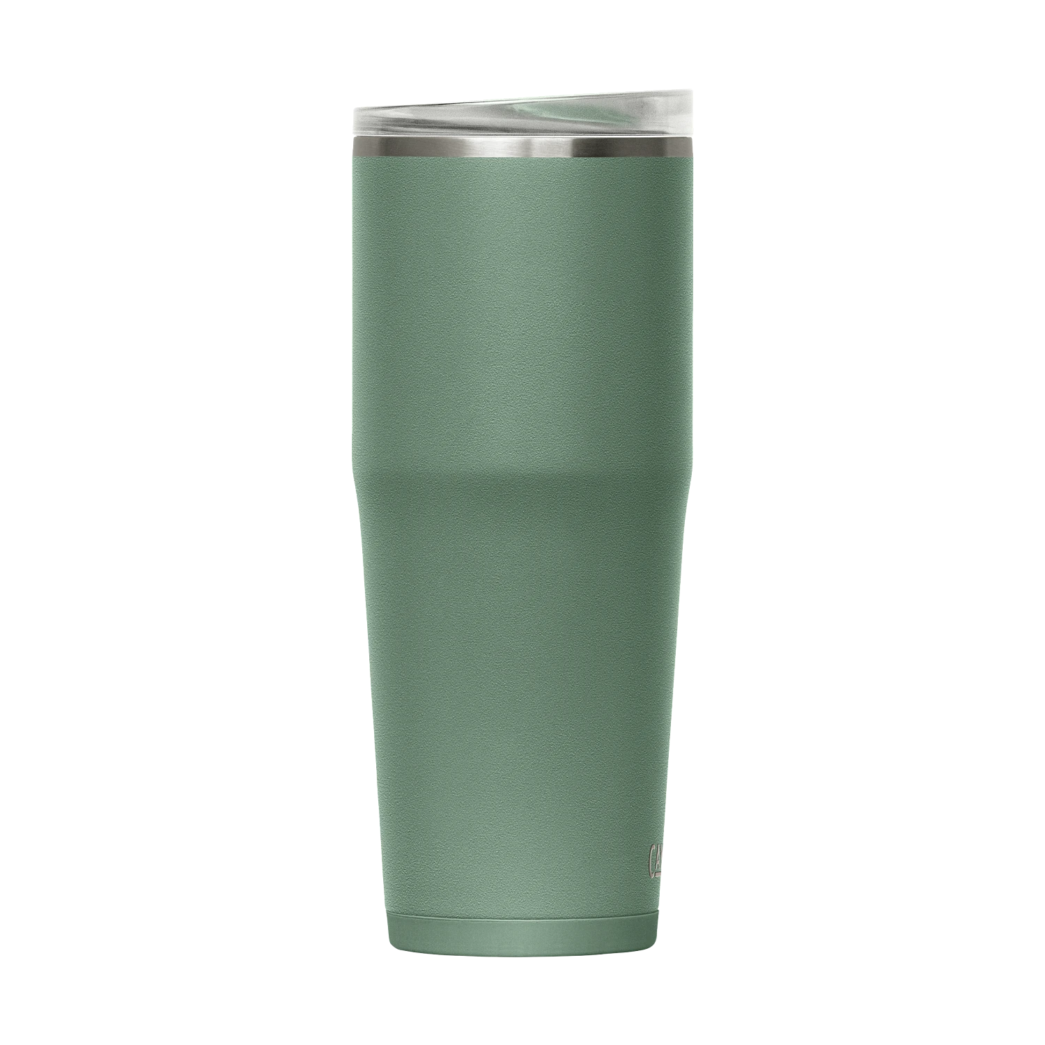 Green insulated tumbler with a silver lid on a white background
