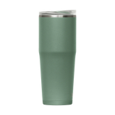 Green insulated tumbler with a silver lid on a white background