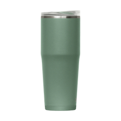 Green insulated tumbler with a silver lid on a white background