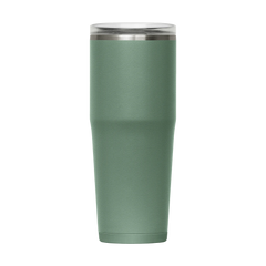 Green insulated tumbler with a silver lid on a white background