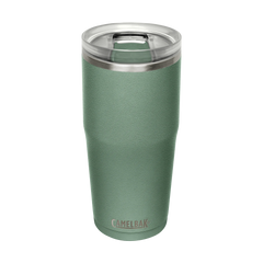 Green insulated tumbler with silver lid on a white background