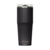 Black insulated tumbler with silver lid on a white background