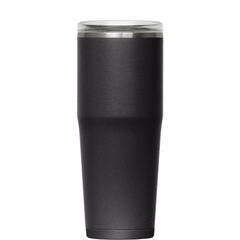 Black insulated tumbler with a clear lid on a white background