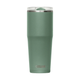 Green insulated tumbler with silver lid on a white background