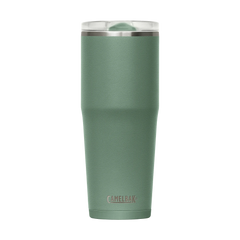 Green insulated tumbler with silver lid on a white background