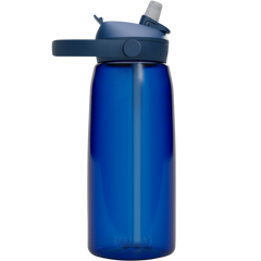 Blue water bottle with a white cap on a white background