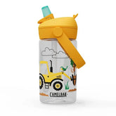 A CamelBak kids' hydration system bottle with a yellow flip straw lid and a carry handle, featuring a design with tractors and trees.