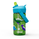 Green water bottle with dinosaur design and blue handle on a white background