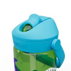 Green water bottle with blue lid and handle on a white background