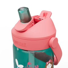 Pink and teal water bottle with a straw lid on a white background