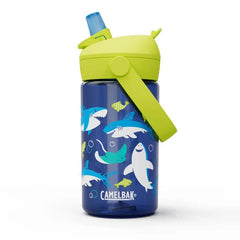 A blue Camelbak kids water bottle with a green flip straw lid and a handle, decorated with shark and ray illustrations.