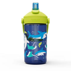 A blue Camelbak kids water bottle with a green flip straw lid and a handle, decorated with shark and ray illustrations.