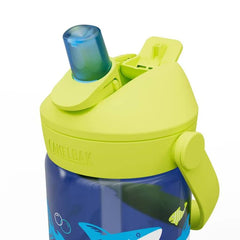A blue Camelbak kids water bottle with a green flip straw lid and a handle, decorated with shark and ray illustrations.
