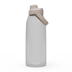 A clear CamelBak Thrive Chug 50oz water bottle with a beige leak-proof lid and carry handle.