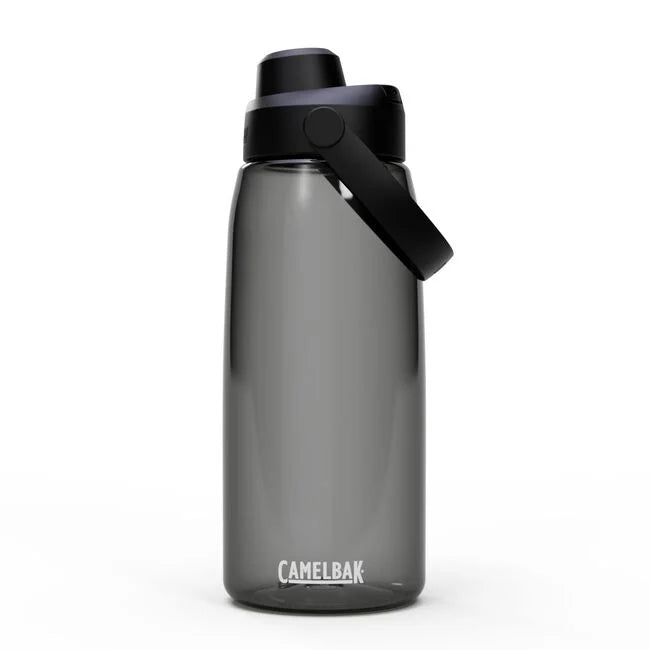 A gray Camelbak water bottle with a leak-proof lid and a carry handle.