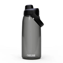 A gray Camelbak water bottle with a leak-proof lid and a carry handle.