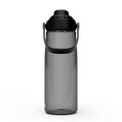 Gray water bottle with black cap on a white background