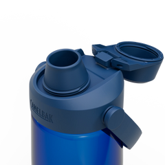 Blue CamelBak water bottle with two drinking ports on a white background