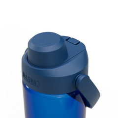 Blue insulated bottle with a screw-on lid on a white background