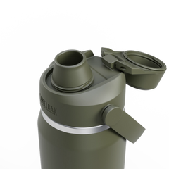 Green thermos with a silver cap on a white background