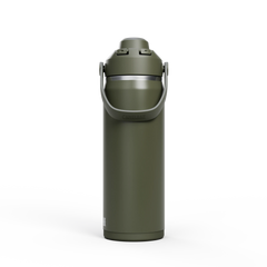 Green water bottle with a handle on a white background