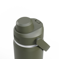 Green thermos bottle with a visible brand logo on a white background