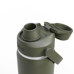 Green thermos with a white band on a white background