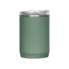 Green tumbler with a silver rim on a white background