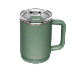 Green insulated mug with handle and clear lid on a white background