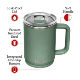 Green insulated mug with features labeled on a white background