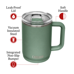 Green insulated mug with features labeled on a white background