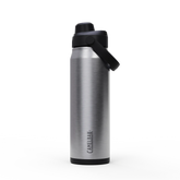Silver water bottle with black lid on a white background