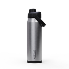 Silver water bottle with black lid on a white background