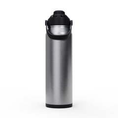 Silver insulated bottle with black lid on a white background