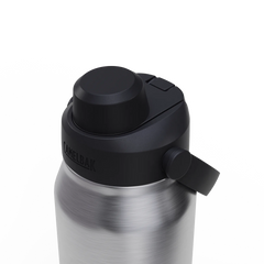 Silver water bottle with black cap on a white background