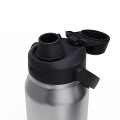 Silver water bottle with black lid on a white background