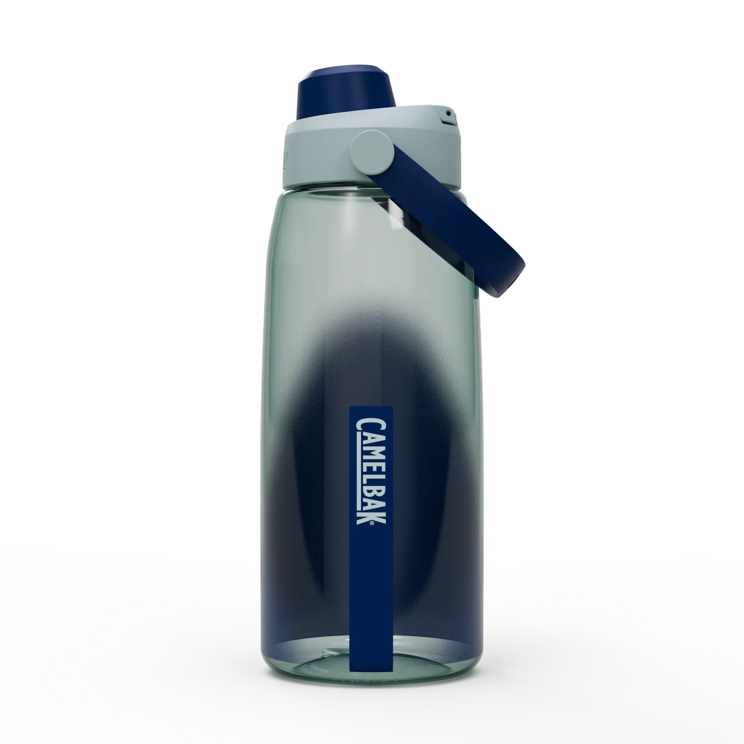 CamelBak water bottle with gradient design and blue handle on a white background