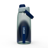 CamelBak water bottle with gradient design and blue handle on a white background