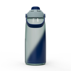 Clear water bottle with blue accents on a white background