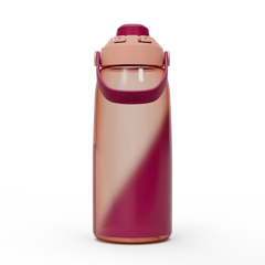 Gradient water bottle with pink and purple design on a white background