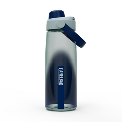 CamelBak water bottle with blue handle and logo on a white background