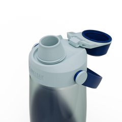 Close-up of a CamelBak water bottle with a blue lid on a white background