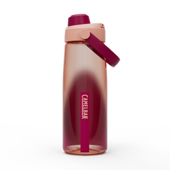 CamelBak water bottle with gradient design and pink handle on a white background
