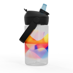 Colorful water bottle with a black lid on a white background
