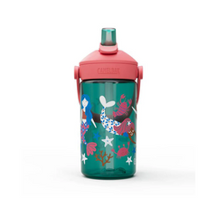 Children's water bottle with mermaid design and pink lid on a white background