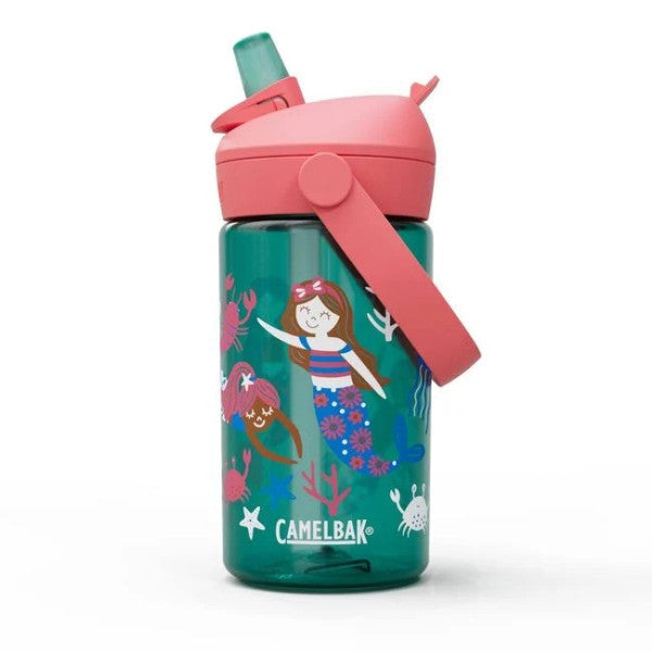 Children's water bottle with mermaid design and pink lid on a white background
