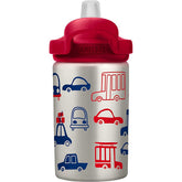 Children's water bottle with red and blue vehicle pattern on a white background
