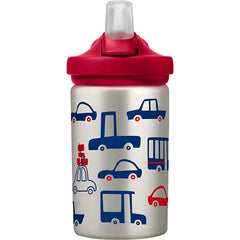 Children's sippy cup with car pattern and red lid on a white background