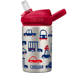 Children's water bottle with red and blue vehicle pattern on a white background