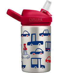 Children's water bottle with red lid and vehicle pattern on a white background